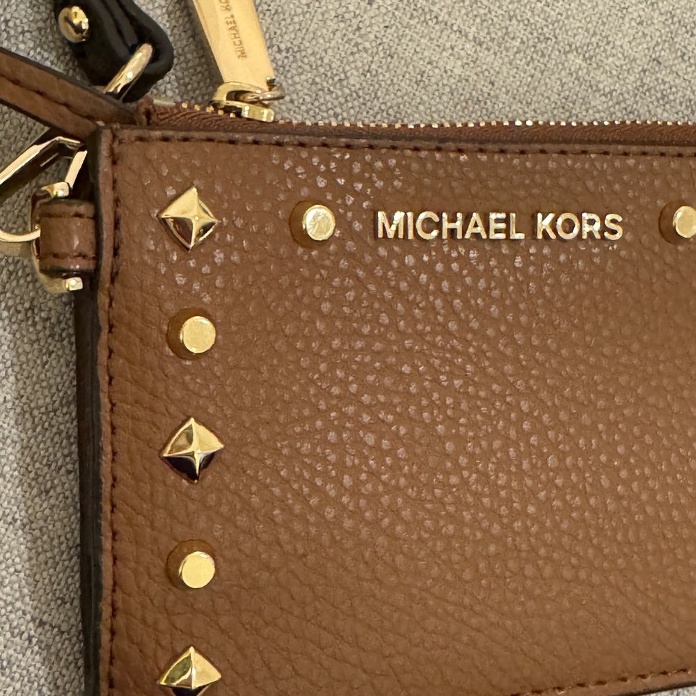 Michael Kors Studded Jet Set Wristlet wallet gold key ring logo print Tan Brown - Picture 3 of 7